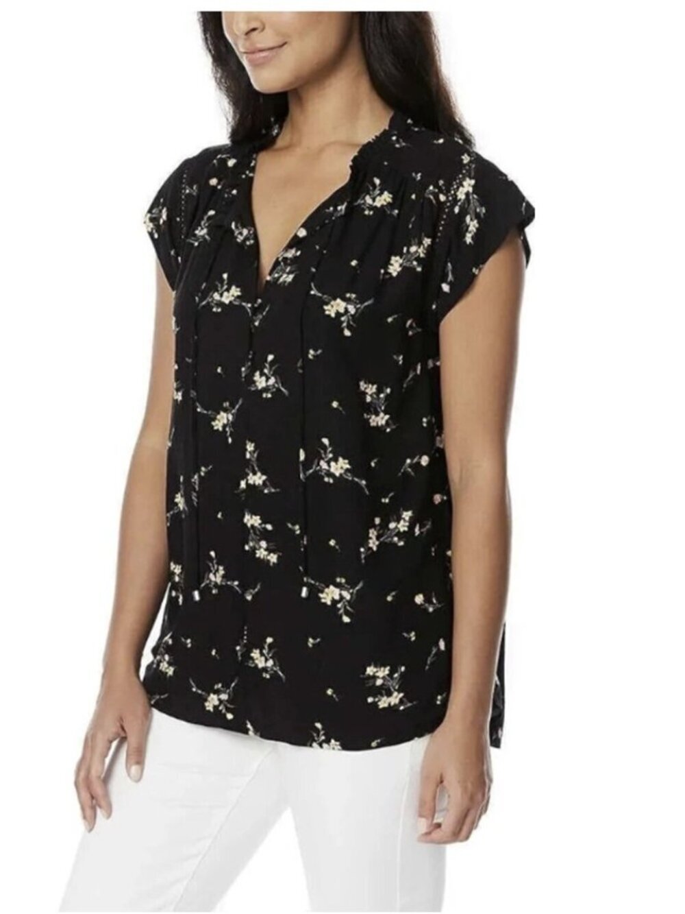 Buffalo David Bitton Women's Floral Boho Flutter Sleeve Top New Size XS Black
